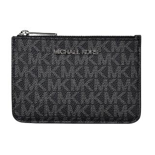 【Michael Kors】MK MICHAEL KORS JET SET 銀字LOGO字母印花PVC 3卡拉鍊鑰匙零錢包(黑)