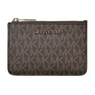 【Michael Kors】MK MICHAEL KORS JET SET 銀字LOGO字母印花PVC 3卡拉鍊鑰匙零錢包(棕)