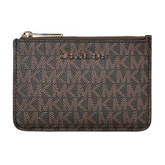 Michael Kors MK MICHAEL KORS JET SET 銀字LOGO字母印花PVC 3卡拉鍊鑰匙零錢包(棕)