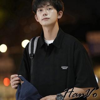【HanVo】現貨 男款小標籤質感POLO短袖(透氣吸濕排汗潮流寬鬆上衣 韓系休閒 男生衣著 B01-1070)