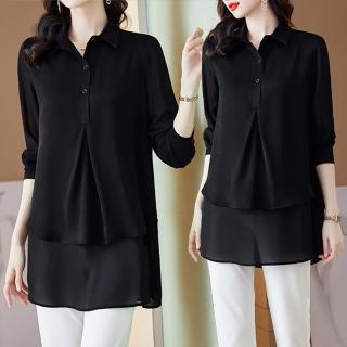 【麗質達人】8012黑色假二件長版上衣-LY(M-3XL)
