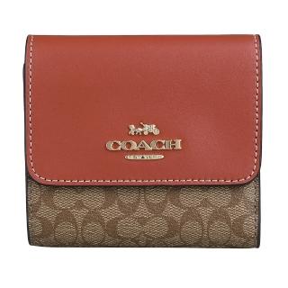 【COACH】COACH金色馬車LOGO緹花PVC拼牛皮2卡壓釦式三折短夾(小/卡其x陶土紅)