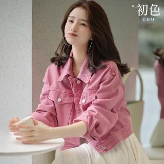 【初色】素色粉色牛仔翻領排扣口袋短版高腰顯瘦長袖上衣休閒外套-粉紅色-30267(M-XL可選)