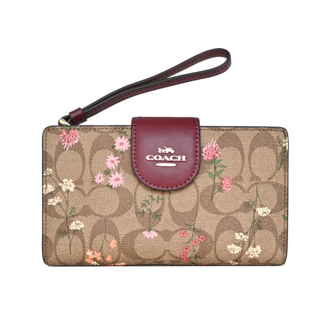 COACH PVC Logo真皮摺口手掛手機袋長夾(卡其花印紅邊)