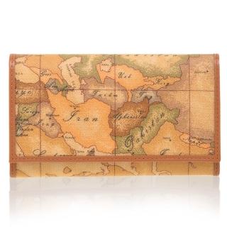【Alviero Martini】義大利地圖包 扣式8卡零錢中長夾(地圖黃)