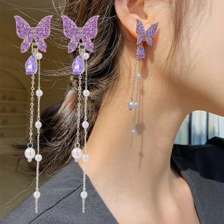 【I.Dear Jewelry】韓系飾品-氣質復古蝴蝶珍珠鑲鑽垂墜流蘇925銀耳針耳環(2色)