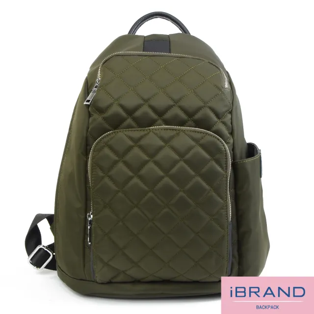 【iBrand】雙11 率性菱格紋後開式防盜尼龍後背包-M(軍綠色)