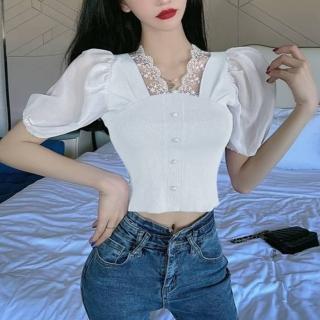 【BBHONEY】夢幻蕾絲拼接方領公主蓬蓬袖襯衫上衣(網美必備款)