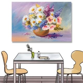 【24mama 掛畫】單聯式 油畫布 藝術 美麗花束 插圖 春天 夏天 無框畫-60x40cm(雛菊花瓶)