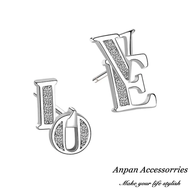 【Anpan】S925純銀飾 韓東大門LOVE珍愛鑽石耳釘式耳環