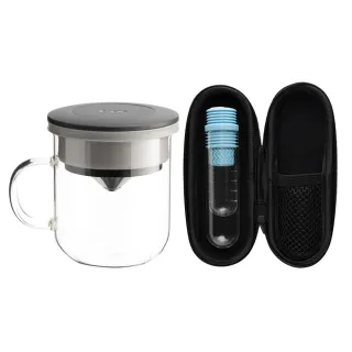 【PO:】咖啡泡茶兩件組(咖啡玻璃杯350ml-黑灰/試管茶格-藍)
