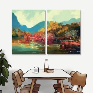 【24mama 掛畫】二聯式 油畫布 藝術 風景 山 湖 沼澤 樹 無框畫-30x40cm(秋天森林02)