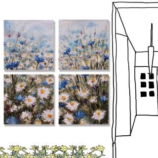 【24mama 掛畫】四聯式 油畫布 夏天 春天 花卉 繪畫藝術 花園 草 無框畫-60x60cm(矢車菊和雛菊沼地)
