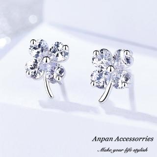 【Anpan】S925純銀飾 韓東大門INS法式鑽石四葉草耳釘式耳環