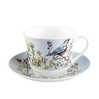 【英國ROY KIRKHAM】英國製骨瓷450ML大容量萬用杯盤組-晨歌之鳥(加贈葡萄牙Cutipol名品咖啡匙)