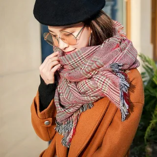 【Acorn 橡果】秋冬新款格紋圍巾披肩斗篷羊絨流蘇質感1604(紅色)