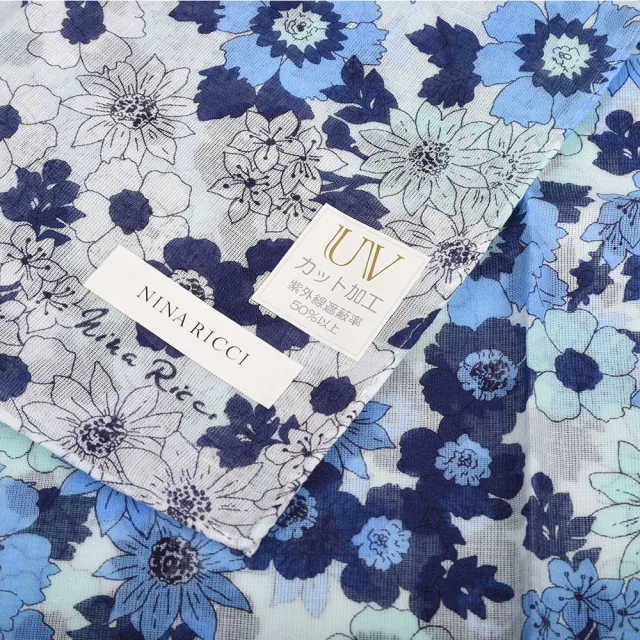 【Nina Ricci】漸層繽紛花海純綿抗UV薄圍巾(藍綠色)
