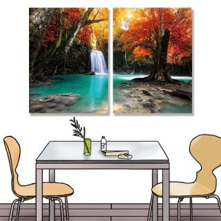 【24mama 掛畫】二聯式 油畫布 美麗風景 溪河 樹 岩石 秋天 無框畫-30x40cm(森林瀑布03)