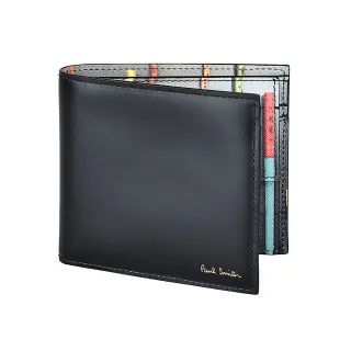 【Paul Smith】PAUL SMITH金字LOGO彩色筆刷設計4卡牛皮對折零錢短夾(黑)