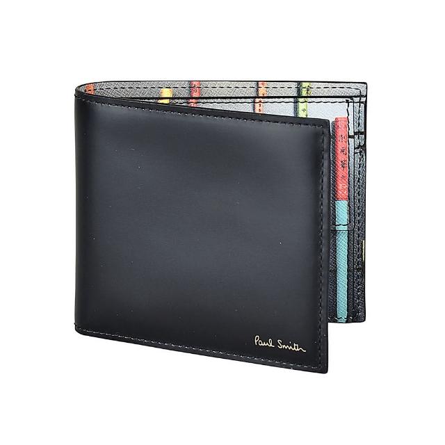 【Paul Smith】PAUL SMITH金字LOGO彩色筆刷設計4卡牛皮對折零錢短夾(黑)