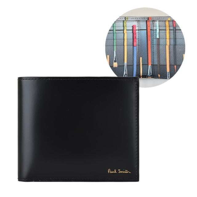 【Paul Smith】PAUL SMITH金字壓印LOGO滑面小牛皮8卡對折短夾(黑x彩色刷筆)