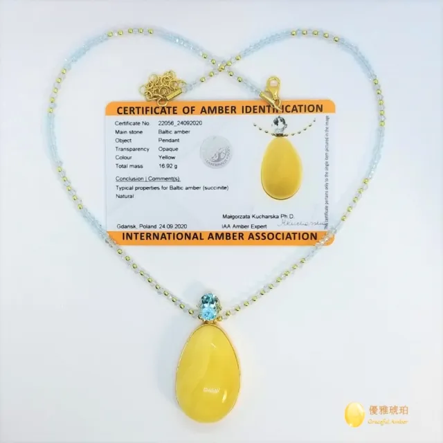 【優雅琥珀】來自波蘭 水滴形優質蜜蠟與藍色托帕石項鍊(具國際琥珀協會鑑定保證卡)
