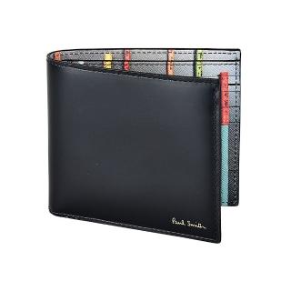 【Paul Smith】PAUL SMITH金字LOGO彩色筆刷設計8卡牛皮對折短夾(黑)
