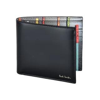 【Paul Smith】PAUL SMITH金字LOGO彩色筆刷設計8卡牛皮對折短夾(黑)