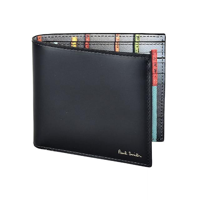 【Paul Smith】PAUL SMITH金字LOGO彩色筆刷設計8卡牛皮對折短夾(黑)