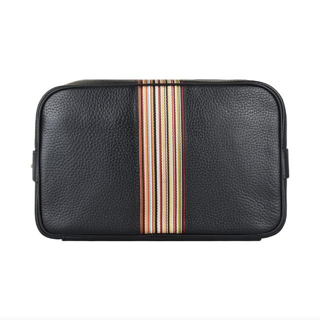 【Paul Smith】PAUL SMITH金字壓印LOGO荔枝紋小牛皮拉鍊化妝包(黑x彩色條紋)