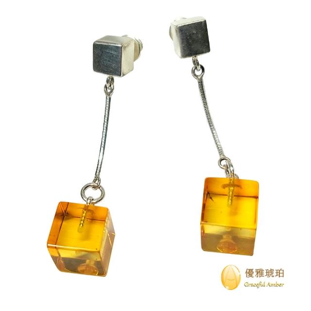【優雅琥珀】立方體 招財金珀 銀鍊耳環(925純銀 銀鍊耳環)