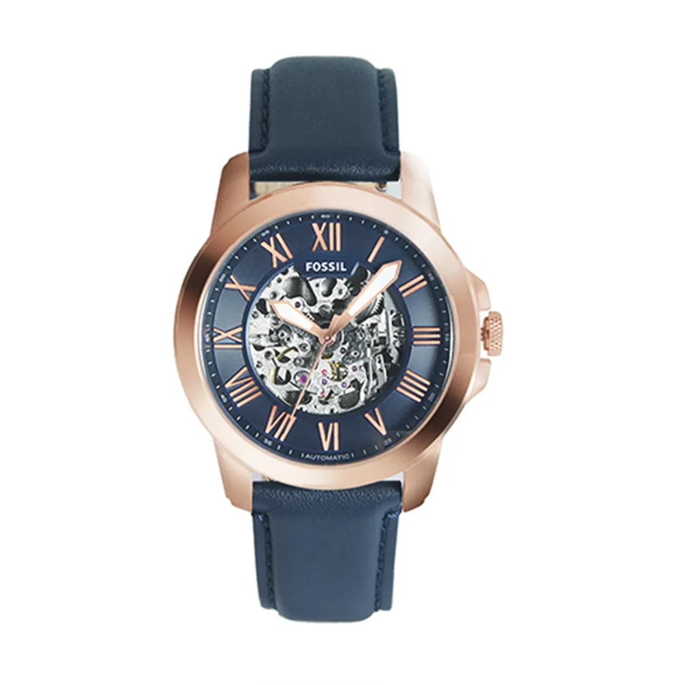 【FOSSIL】鏤空玫瑰金殼藍面皮革手錶 機械錶 男錶 母親節(ME3102)
