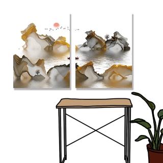 【24mama 掛畫】二聯式 油畫布 金黃典雅水墨山水畫-30x40cm(彩色意境03)