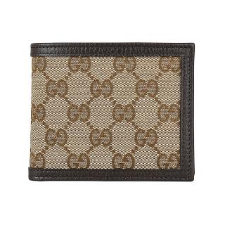 【GUCCI 古馳】雙G LOGO緹花布滾邊牛皮6卡對折短夾(咖啡)