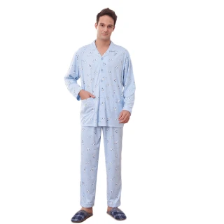 【蕾妮塔塔】Q版大耳狗  精梳棉柔男性長袖兩件式睡衣(R98211-5水藍)