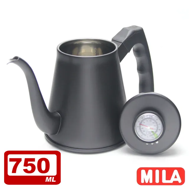 【MILA】鶴嘴不鏽鋼手沖壺750ml-附溫度計+Driver 兩用咖啡濾杯組(超值優惠組)