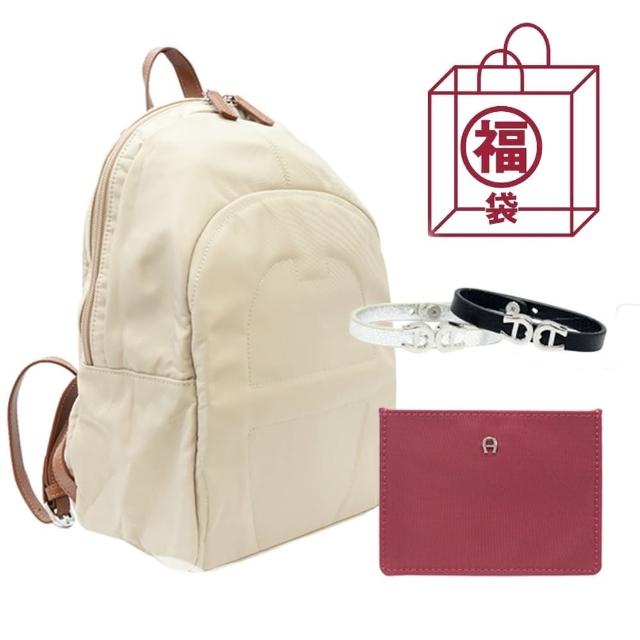 【AIGNER 艾格納】福袋組 LOGO杏色後背包+酒紅4卡卡套+小牛皮手環組(杏)