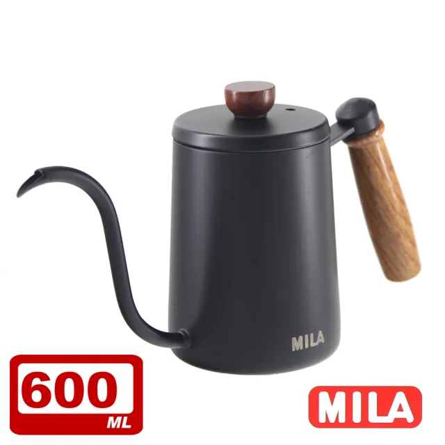 【MILA】木柄鶴嘴不鏽鋼手沖壺、細口壺-600ml+Driver 兩用咖啡濾杯組(超值優惠組)