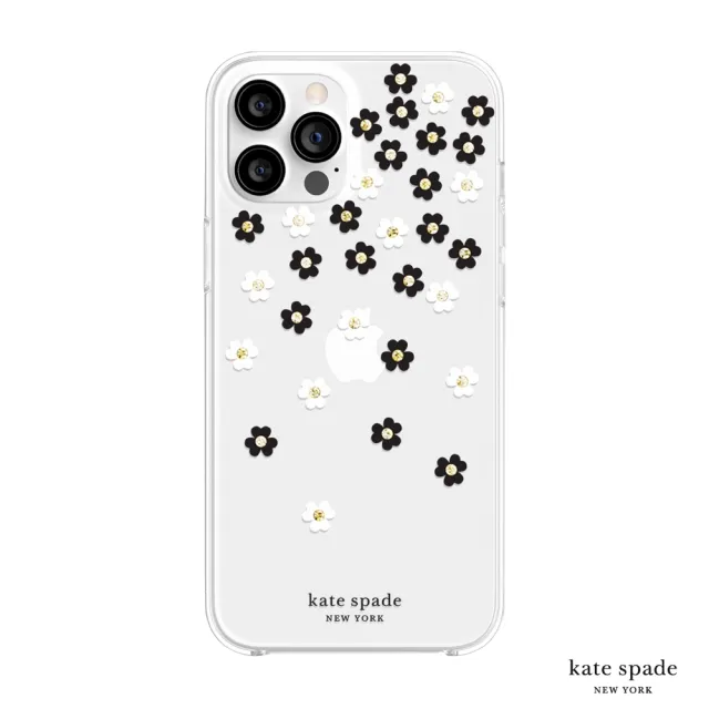 【KATE SPADE】iPhone 12 Pro Max 6.7吋 Scattered Flowers 黑白小花 金色鑲鑽透明殼(iPhone 保護殼)