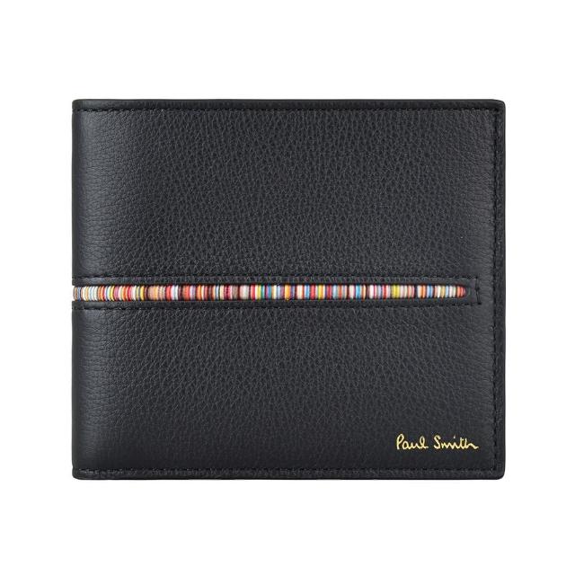 【Paul Smith】PAUL SMITH金字壓印LOGO小牛皮8卡對折短夾(黑x外彩色條紋)