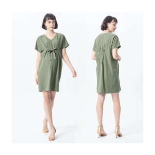 【Gennies 奇妮】V領連袖洋裝-綠(孕婦裝 親膚 寬袖 蝴蝶結)