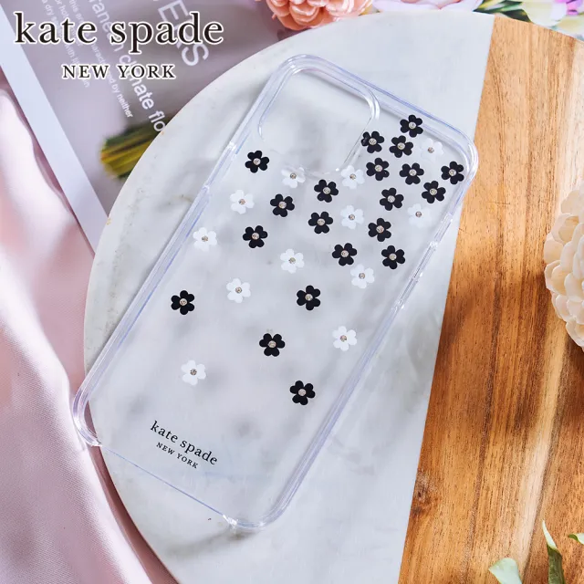 【KATE SPADE】iPhone 12 mini 5.4吋手機保護殼/套(黑白小花+金色鑲鑽)