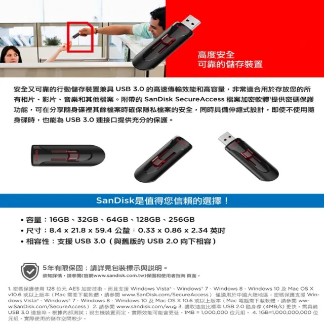 【SanDisk 晟碟】全新升級版 128GB USB3.0  亮紅 高速隨身碟 滑動伸縮接埠(原廠5年有限保固)