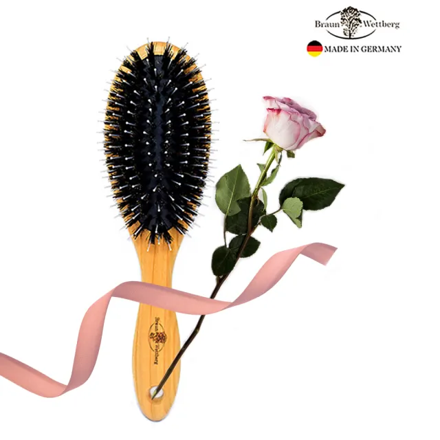 【BRAUN WETTBURG 珀薇】德國製櫻桃木圓形豚鬃纖維氣墊好按摩梳(氣墊好按摩梳/梳頭按摩美容/雙11)