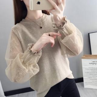 【BBHONEY】甜美蕾絲拼接燈籠袖寬鬆針織上衣(網美必備款)