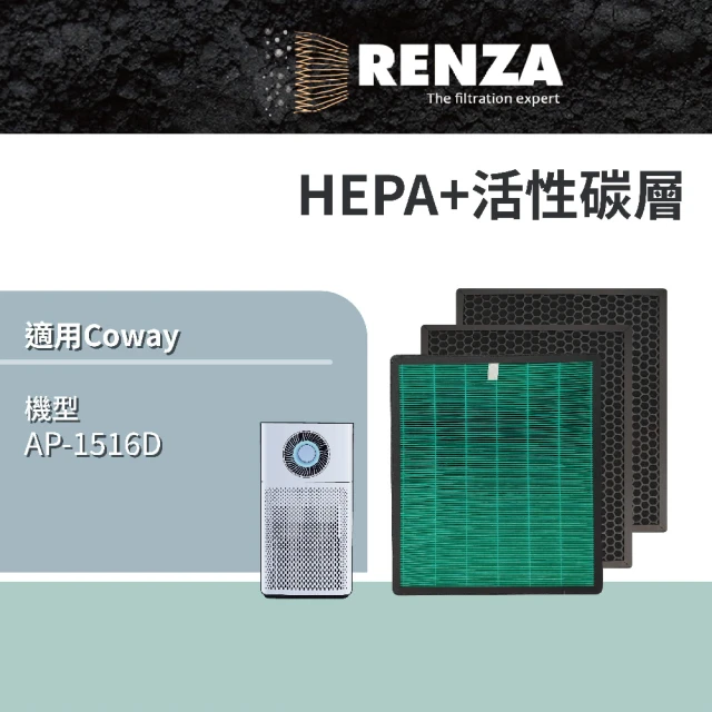 RENZA 適用Coway AP-1516D AP1516D 1516 大孔劉空氣清淨機(抗菌HEPA濾網+活性碳濾網 濾芯)