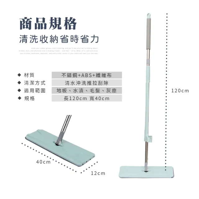 【莫菲思】直立式懶人免手洗乾濕兩用平板拖把(內附纖維布x2)