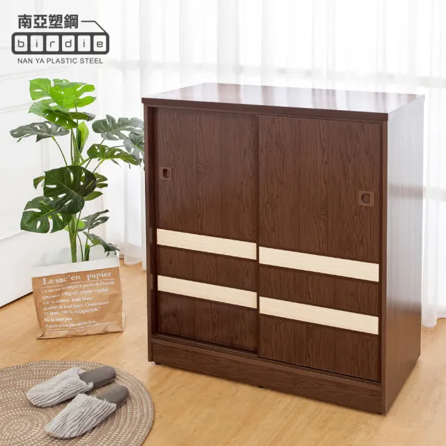 【南亞塑鋼】MIT台灣製 | 2.9尺拼接飾條二推/拉門防水塑鋼鞋櫃(胡桃色+白橡色)