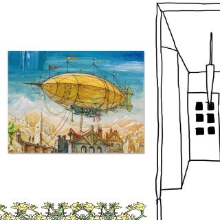 【24mama 掛畫】單聯式 橫幅 插畫 飛艇 天空 環遊世界 無框畫-80x60cm(環遊世界)