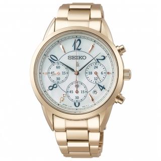 【SEIKO 精工】LUKIA 優雅光采太陽能三眼計時真鑽女錶-金x珍珠貝/36.4mm 雙12限定(SSC794J1/V175-0EX0U)
